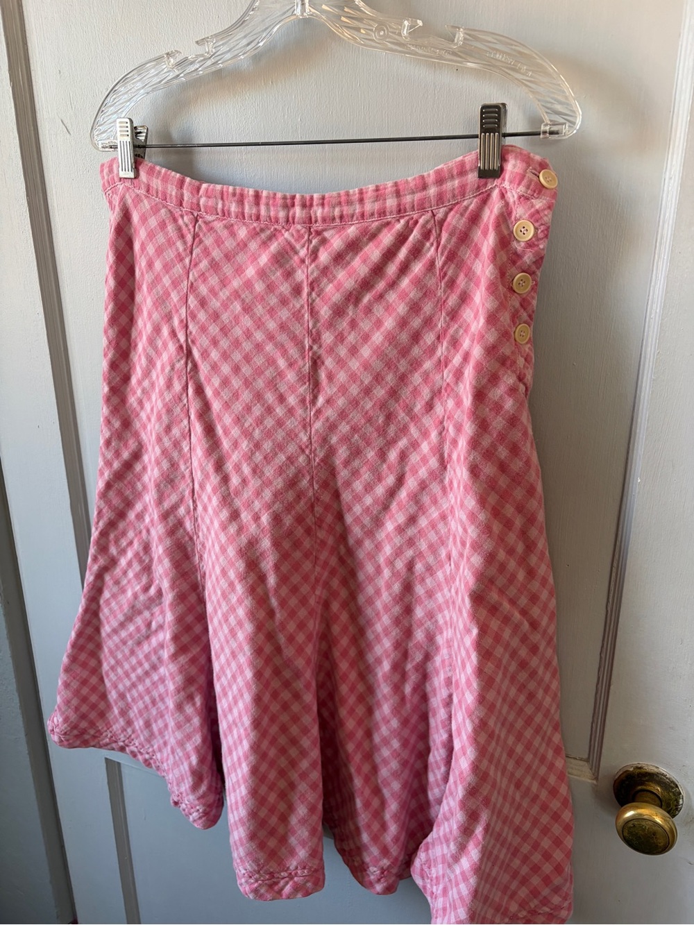 80s Vintage Pink Gingham Flared Skirt with Side Buttons 7-13